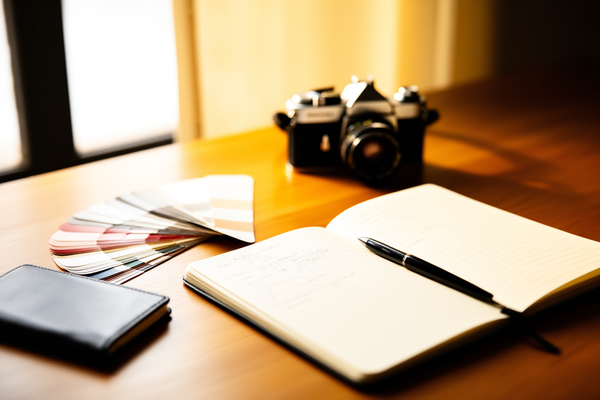 Un primer plano de las manos de un fotógrafo sosteniendo una fotografía impresa con superposiciones de texto en idiomas extranjeros visibles contra un fondo de estudio desenfocado