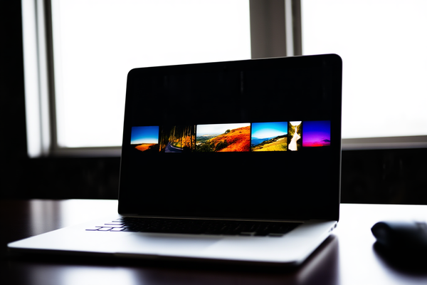 画面にメタデータインターフェースが表示された状態でラップトップを使用してストックフォトをアップロードする寄稿者