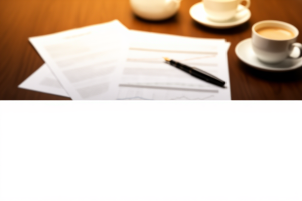 A modern office desk with a laptop displaying financial charts, surrounded by scattered business documents, a pen, and coffee cups in soft morning light
