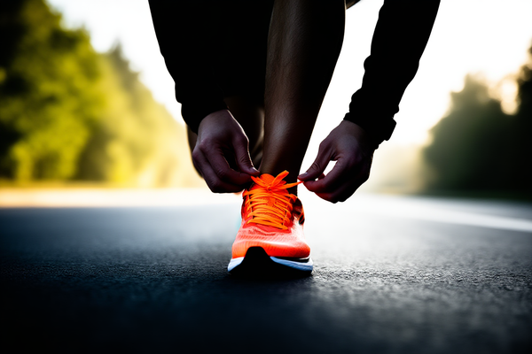 A dynamic close-up shot of a runner tying bright orange running shoes on a paved city path at dawn, with soft morning light filtering through trees