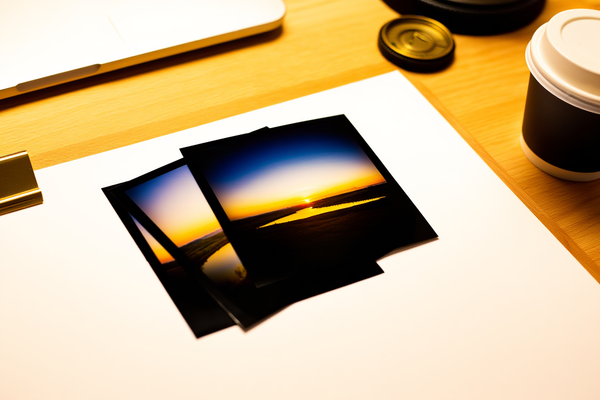 La scrivania in legno di un fotografo professionista con una tavola luminosa che mostra fogli contatto stampati di scene naturali accanto a un tablet digitale elegante che visualizza il softw
