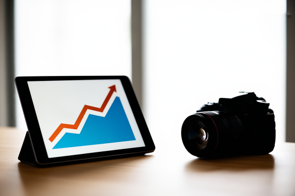 カメラのそばでラップトップ上の販売分析を確認している写真家
