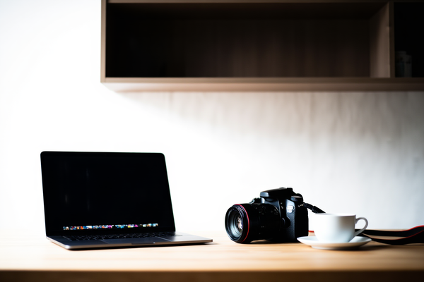 明るいスタジオ環境でラップトップの画面にあるメタデータを確認しているプロフェッショナルな写真家
