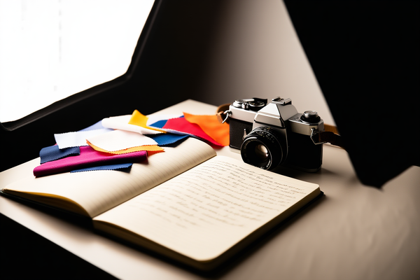 Un fotografo professionista organizza una pila di stampe del portfolio su una scrivania in legno accanto a un obiettivo fotografico moderno e a una tazza di caffè nella morbida luce mattutina