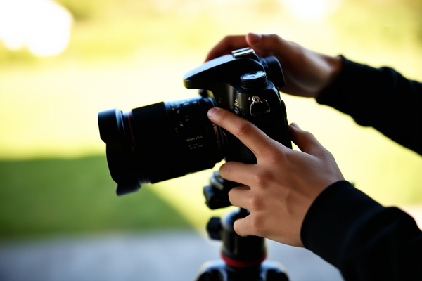 Güneşli bir stüdyo ortamında üçayağa monte edilmiş profesyonel bir DSLR kamera lensinin odak halkasını dikkatlice ayarlayan bir fotoğrafçının ellerine yakın çekim