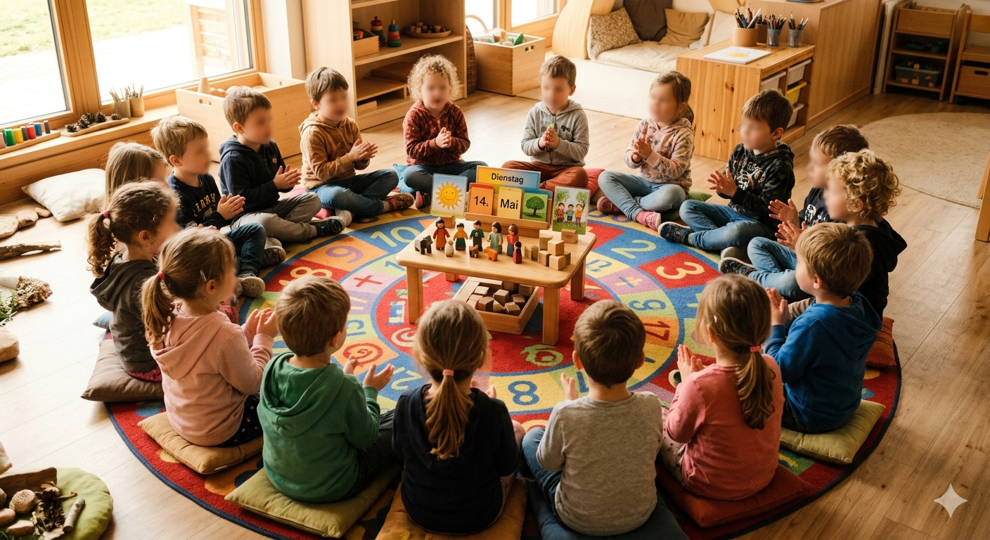 Kinder sitzen im Morgenkreis im Kindergarten und singen gemeinsam ein Begrüßungslied