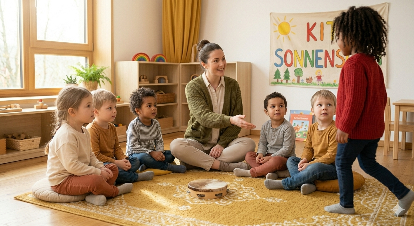 Erzieherin sitzt im Halbkreis mit fünf Kita-Kindern auf dem Boden und winkt einem Mädchen zu, das gerade dazustößt
