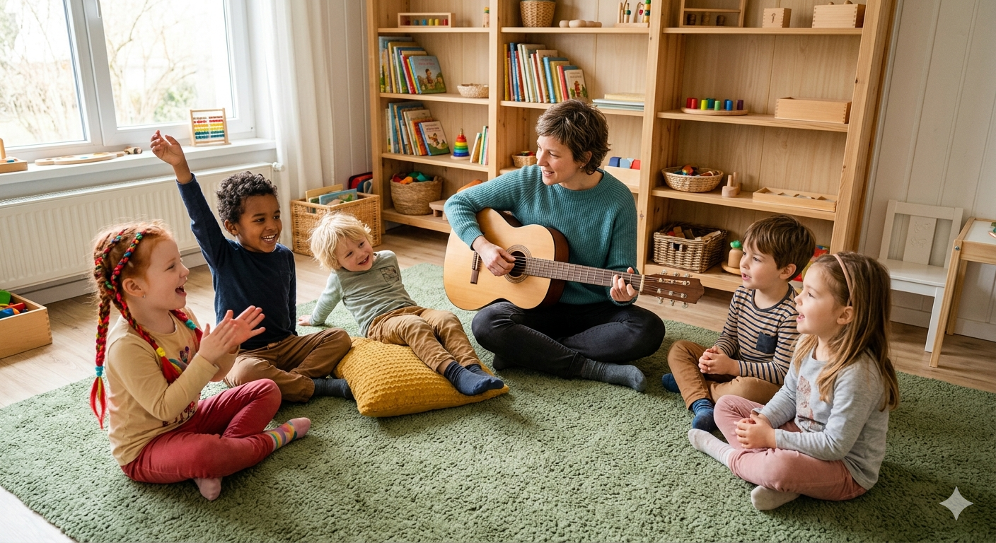 Kleine Gruppe Kindergartenkinder sitzt im Kreis auf einem grünen Teppich und singt gemeinsam, Erzieherin in der Mitte mit Gitarre