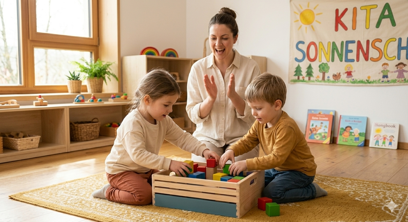 Zwei Kinder räumen lachend bunte Holzbausteine in eine Naturholzkiste, während im Hintergrund eine Erzieherin singend dazu klatscht.