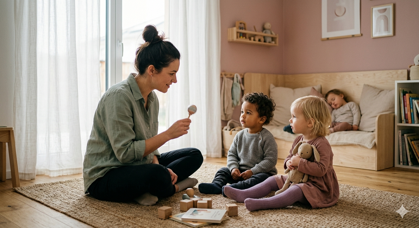 Erzieherin sitzt mit zwei Kleinkindern im Stuhlkreis und singt leise ein Schlusslied am Nachmittag