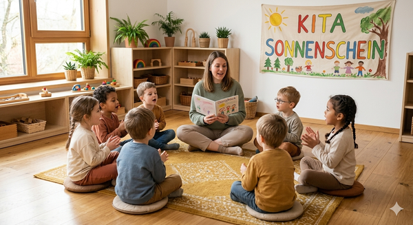 Kleine Kita-Gruppe singt gemeinsam im Halbkreis, Erzieherin in der Mitte hält ein offenes Liederheft