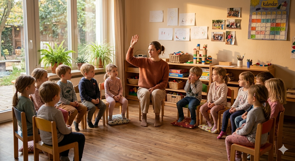 Erzieherin und Kindergartenkinder sitzen im Stuhlkreis und singen gemeinsam ein Abschiedslied