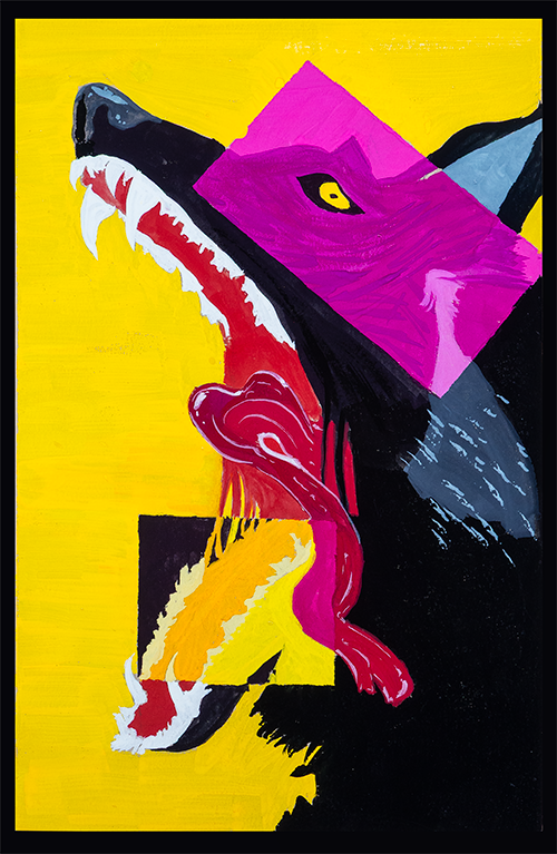 Photo of Original Painting, Splinter. A black wolf roars on a bright yellow backround, sections of alternative color jarring across it.