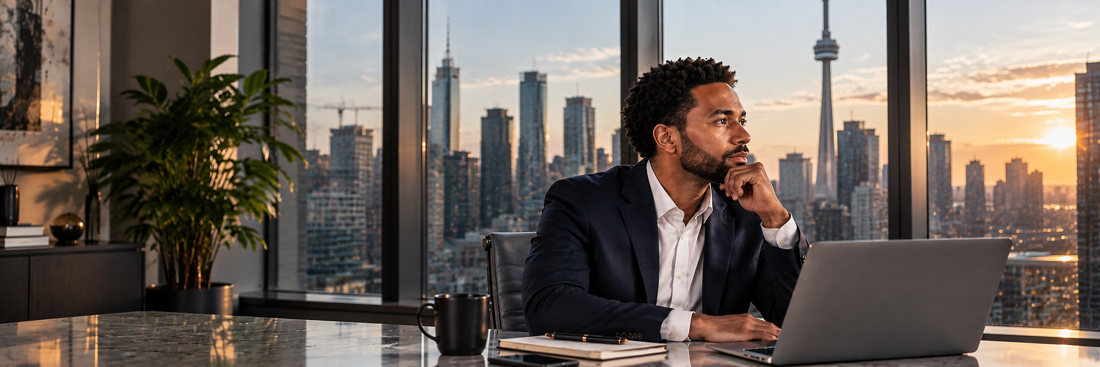 Executive reflecting at his desk in a city office at sunset
