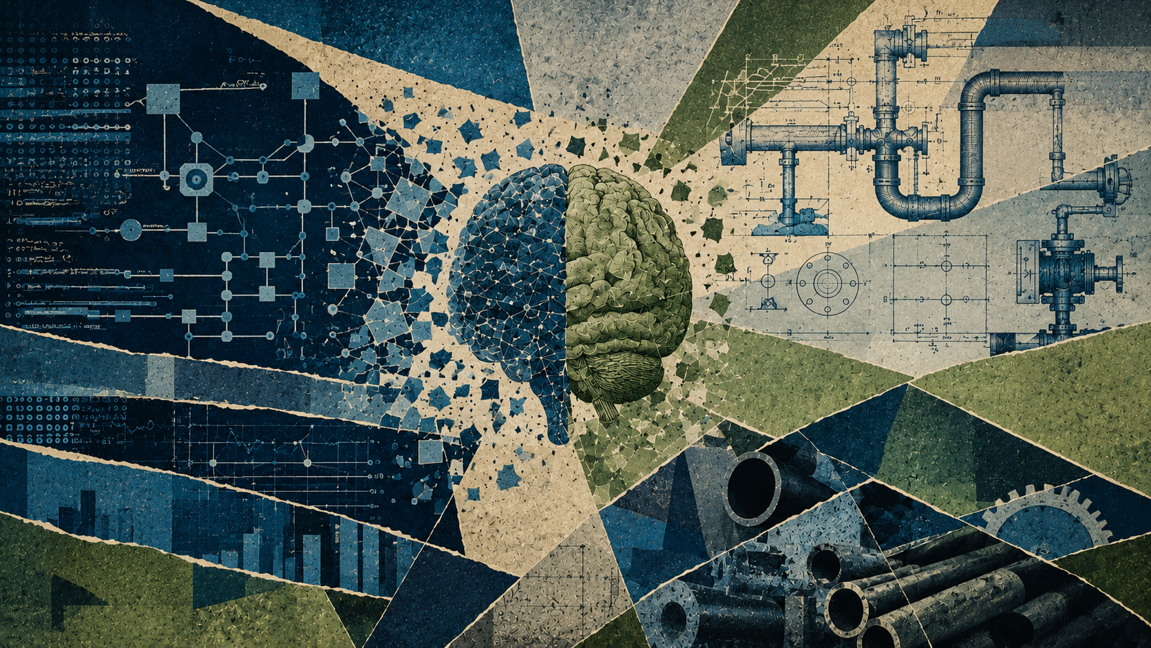 Abstract collage of digital circuit diagrams and data networks dissolving into mechanical pipe schematics and industrial blueprints around a central brain motif.