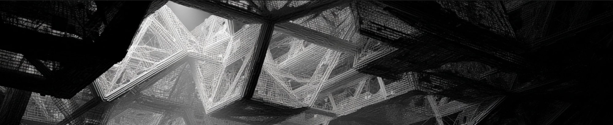 Abstract geometric structure viewed from below, dark steel framework dissolving into light, suggesting systems in transition and the unseen forces reshaping modern work.