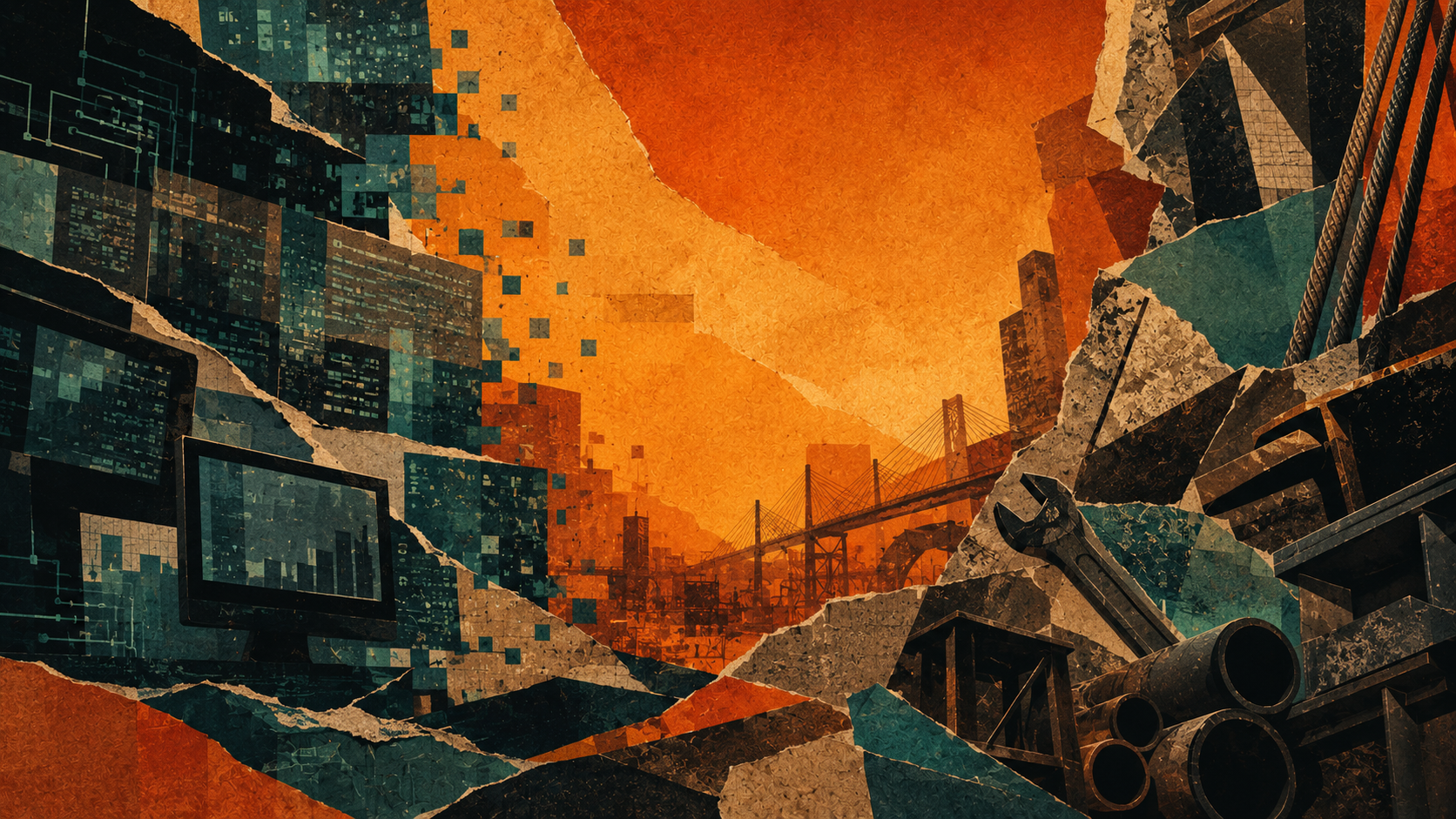 Abstract collage of digital screens and office architecture fragmenting and dissolving into industrial infrastructure and tools against a warm amber background.