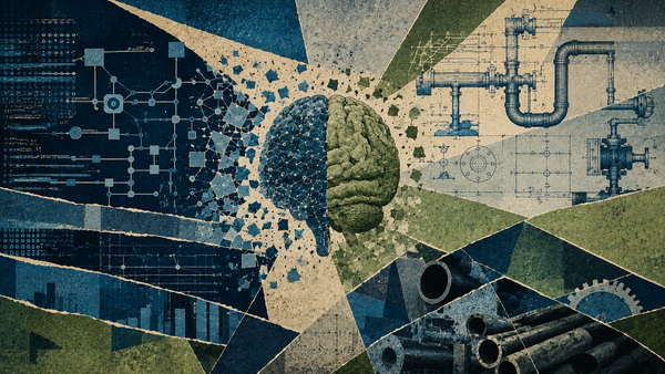 Abstract collage of digital circuit diagrams and data networks dissolving into mechanical pipe schematics and industrial blueprints around a central brain motif.