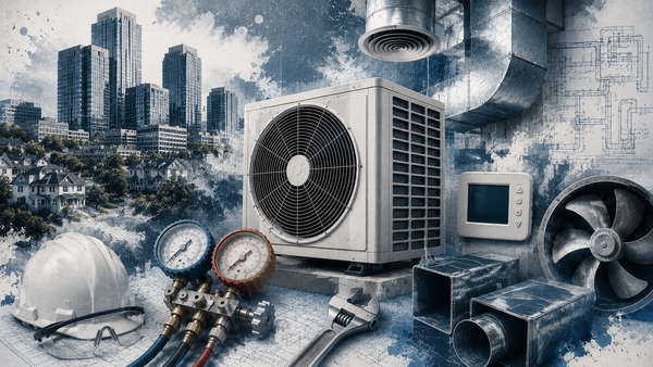 HVAC condenser unit, pressure gauges, ductwork, and tools against a steel blue industrial backdrop illustrating a skilled trades career in heating and cooling.