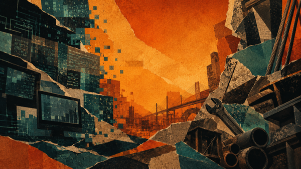 Abstract collage of digital screens and office architecture fragmenting and dissolving into industrial infrastructure and tools against a warm amber background.