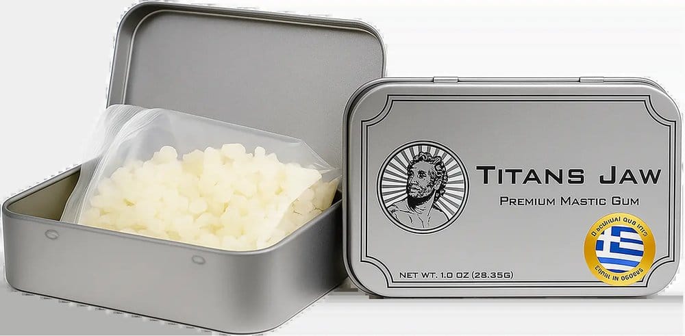 Titans Jaw Chios mastic gum tin, opened to show the resin inside