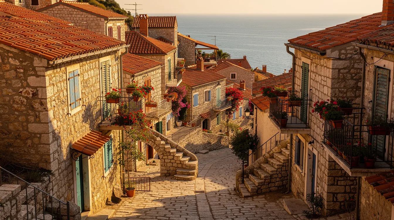 The image depicts a picturesque stone village nestled on a Mediterranean hillside, featuring narrow medieval alleys and charming terracotta rooftops. The scene captures the essence of traditional life on the Greek island of Chios, known for its mastic villages and the unique mastic gum derived from the resin of the mastic tree.