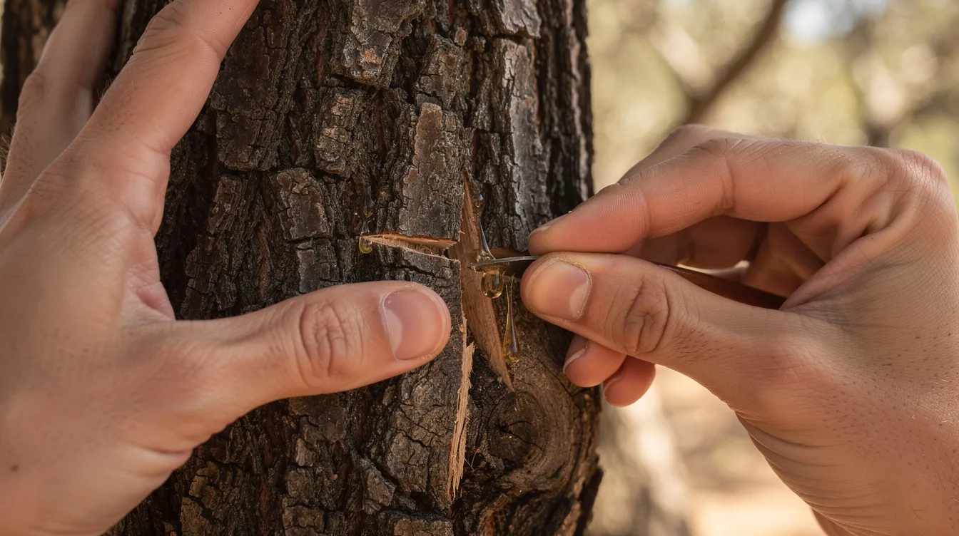 A pair of hands is making small cuts into the rough bark of a mastic tree, with droplets of resin visible, which is traditionally harvested for its valuable mastic gum on the Greek island of Chios. The scene captures the natural process of collecting mastic resin, known for its unique flavor and uses in various products.