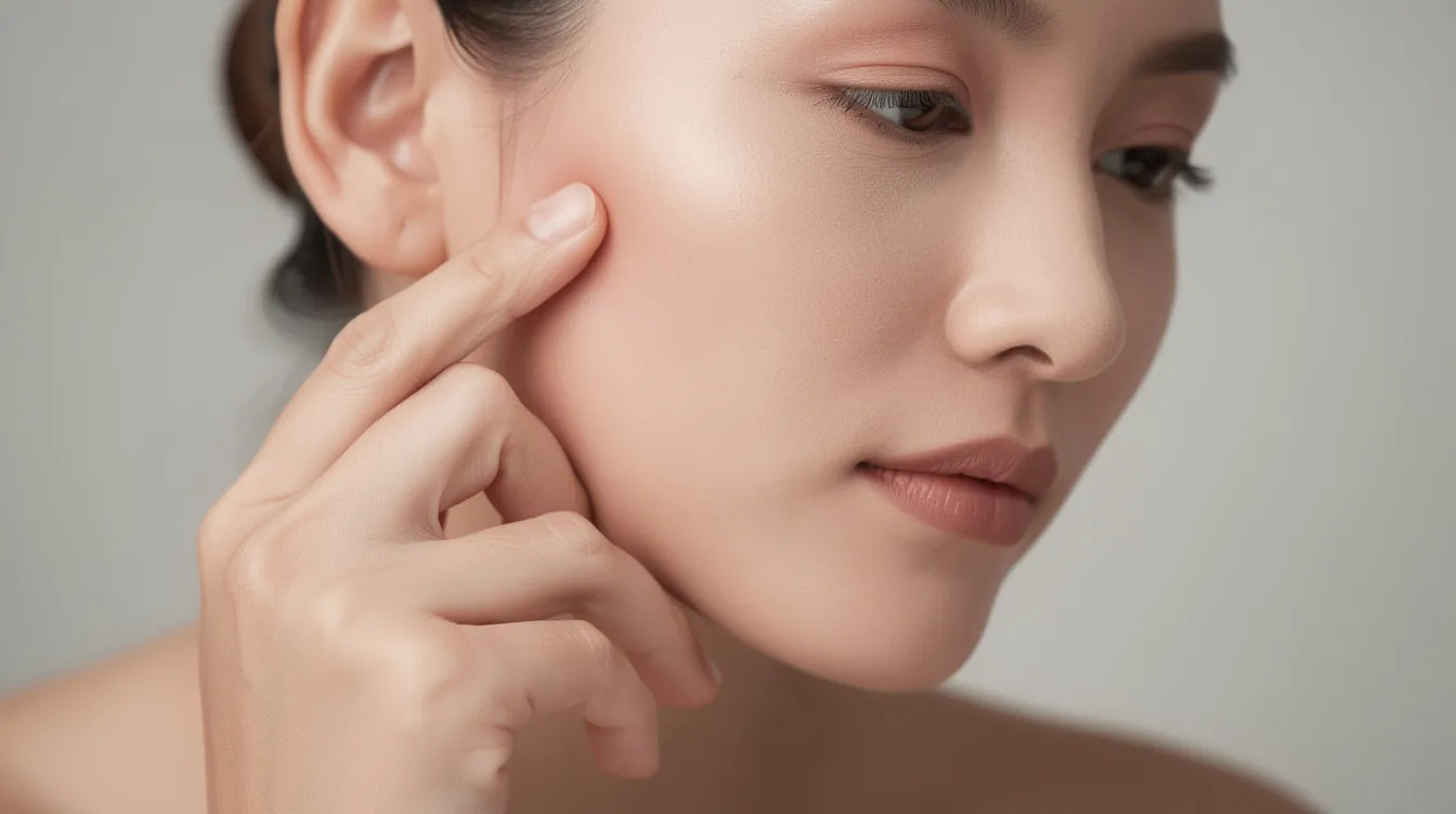 A person is gently pressing their fingers against the side of their jaw near the ear, possibly indicating jaw fatigue or discomfort. This gesture may relate to various health conditions, including those that could benefit from natural remedies like mastic gum, known for its potential anti-inflammatory properties.