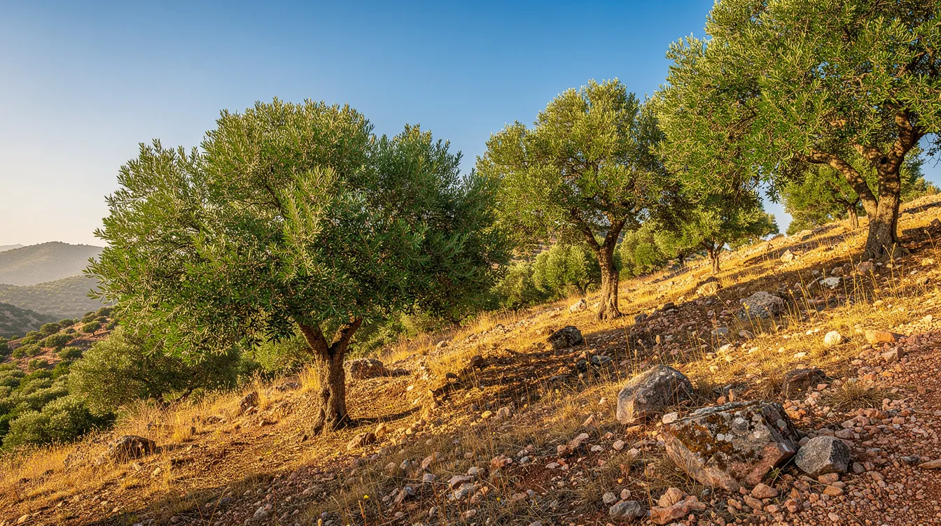 The image depicts a sunlit Mediterranean landscape featuring lush green Pistacia trees on a hillside, known for producing mastic gum, a natural resin with potential health benefits such as anti-inflammatory properties and support for oral health. The serene setting highlights the beauty of the mastic tree, which is often associated with the Greek island of Chios.