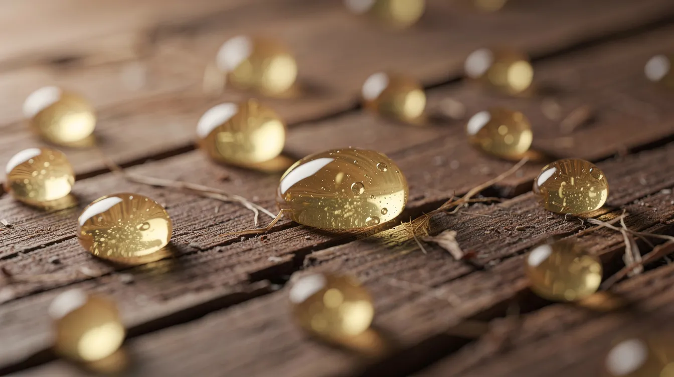 A close-up view showcases small translucent yellowish mastic resin tears scattered across a rustic wooden surface, highlighting the natural beauty of mastic gum sourced from the mastic tree on the Greek island of Chios. These resinous tears, reminiscent of ancient times, are a unique alternative to conventional chewing gum, offering a distinct flavor and texture for those seeking a natural chewing experience.