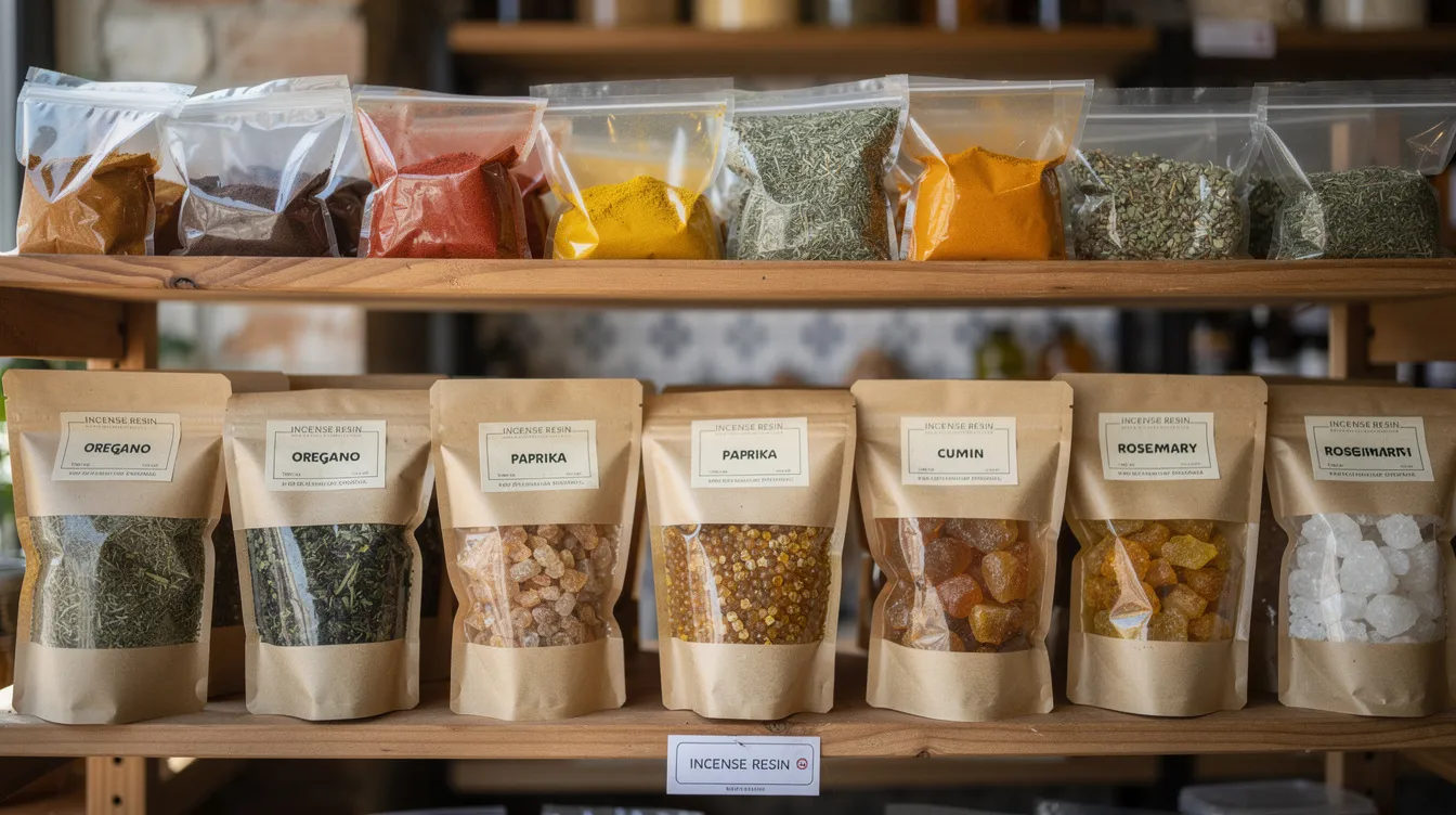 The image shows a shelf in a Mediterranean specialty market, filled with small bags of spices, dried herbs, and resin products, including mastic gum from the Chios island. The packaging highlights the unique flavors and traditional uses of mastic tears, appealing to those interested in culinary and health benefits.