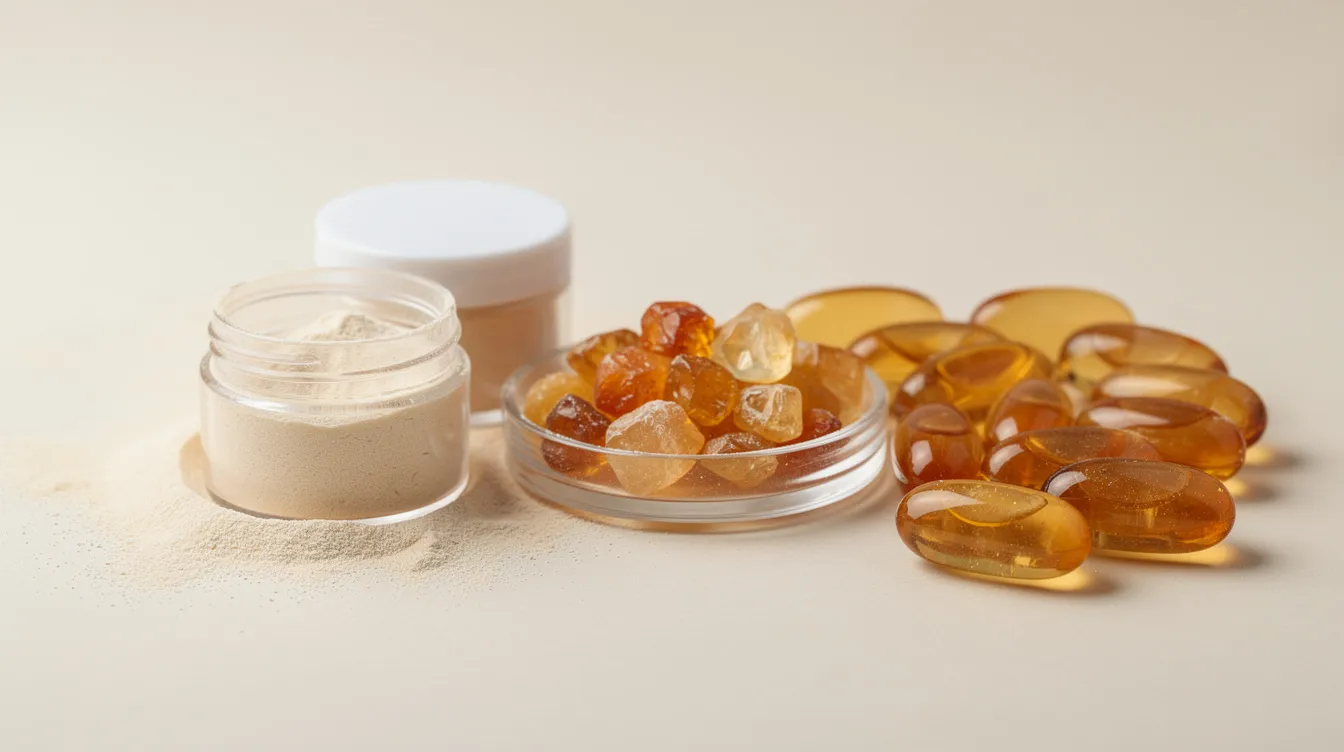 The image displays various forms of mastic gum products, including small translucent crystals known as mastic tears, fine powder in a jar, and capsules, all arranged neatly on a light surface. These natural resin products, derived from the mastic tree on the Greek island of Chios, can be used for chewing or added to beverages for flavor and digestive benefits.