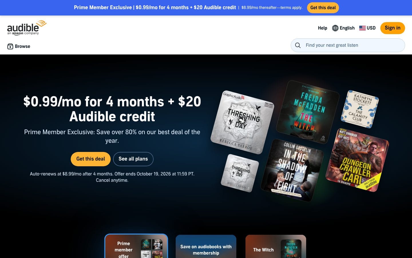 Audible's homepage with the Prime offer banner