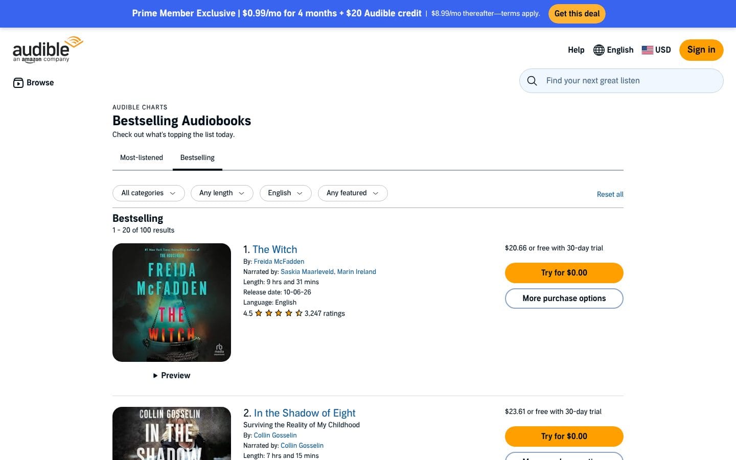 Audible's charts page showing the Bestsellers list
