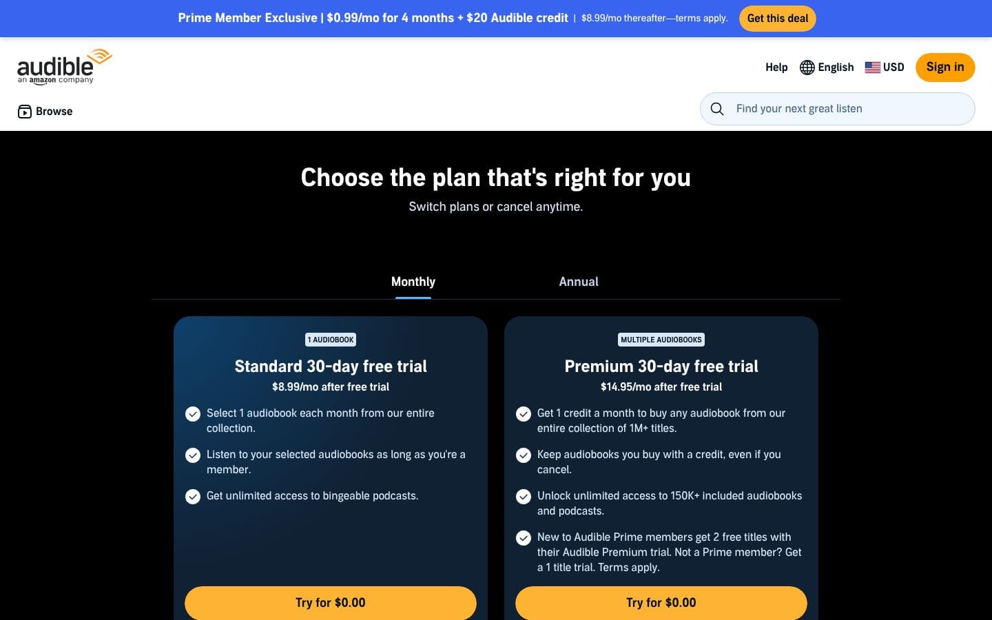 Audible's membership plans page