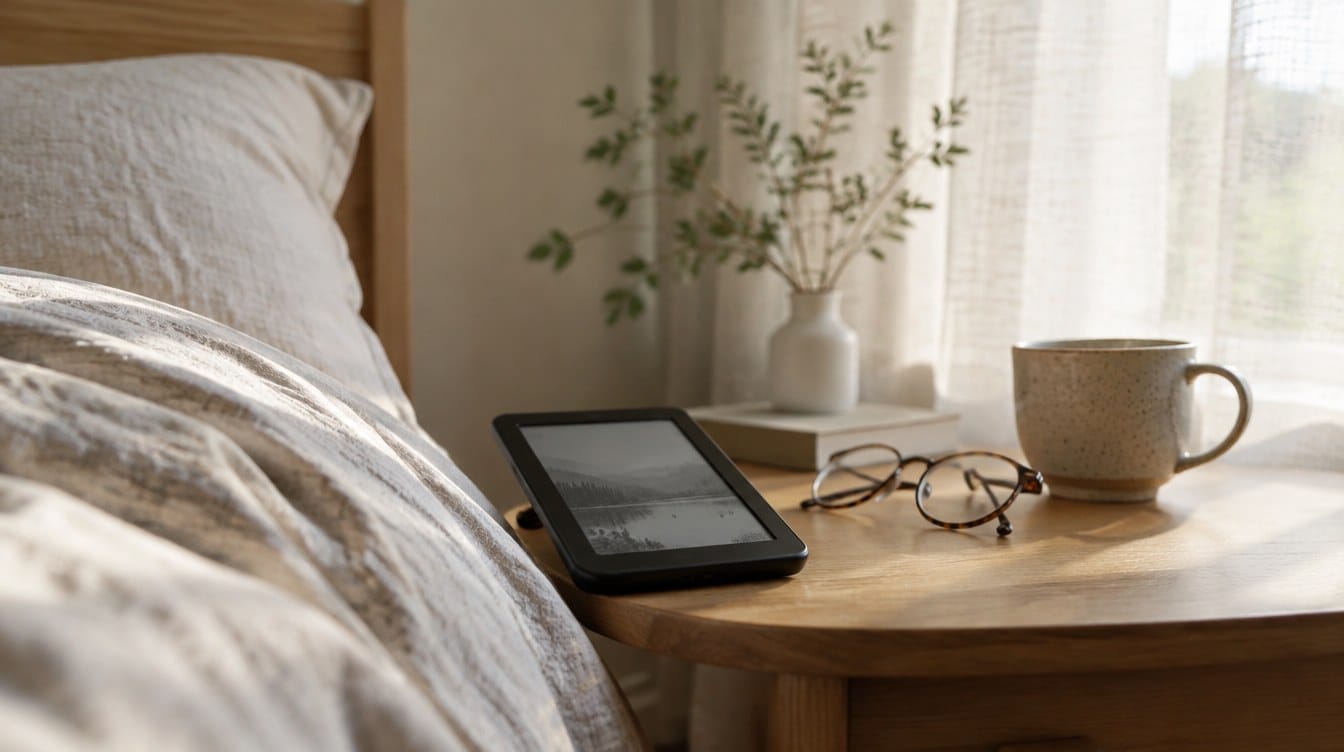 A tablet-style e-reader on a bedside table next to reading glasses and a mug