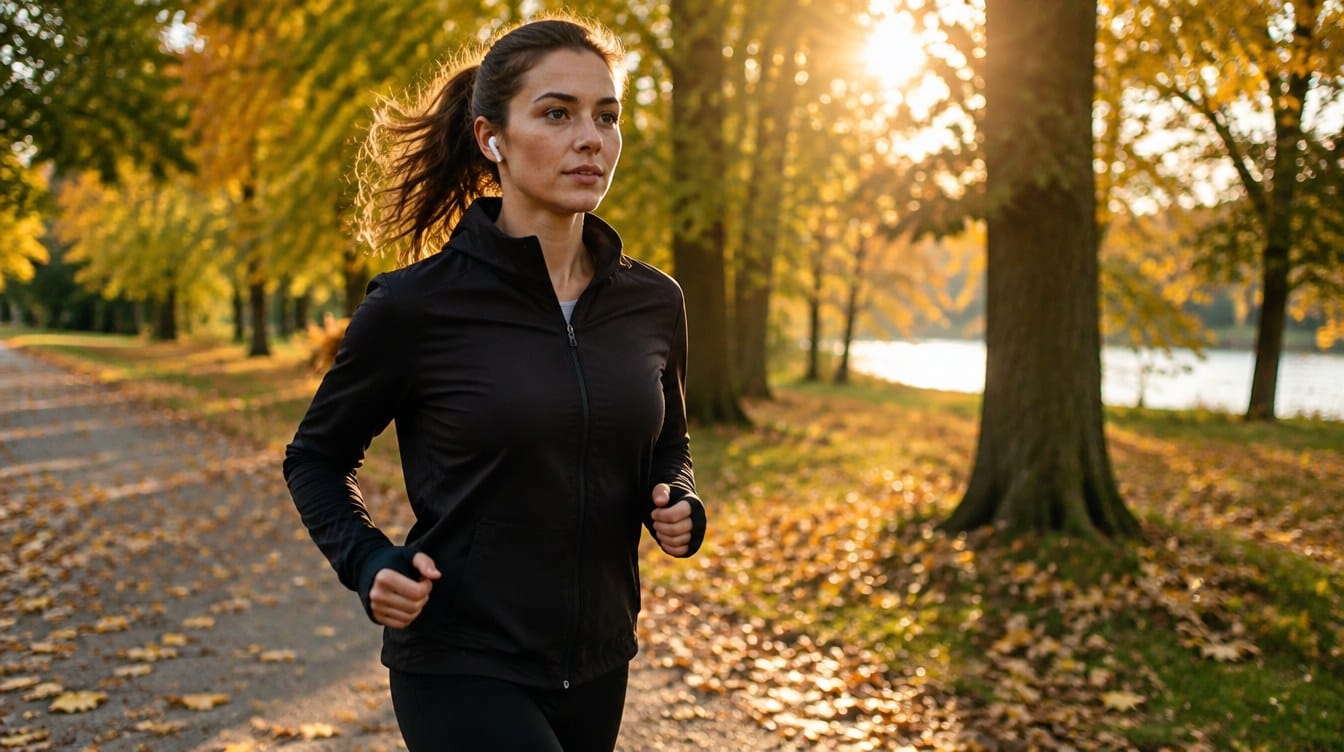A runner in an autumn park wearing wireless earbuds
