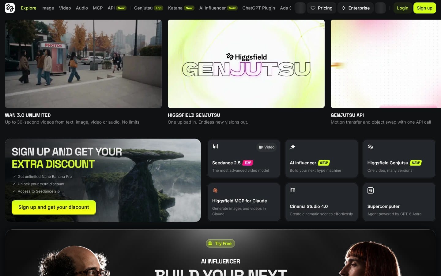 The Higgsfield homepage showing its tools and models