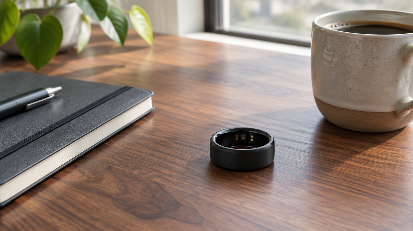 AI generated product photo of a black smart ring on a walnut desk