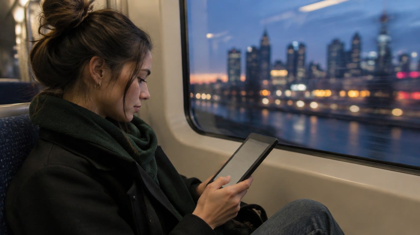 A commuter on a train reading on an e-reader at dusk