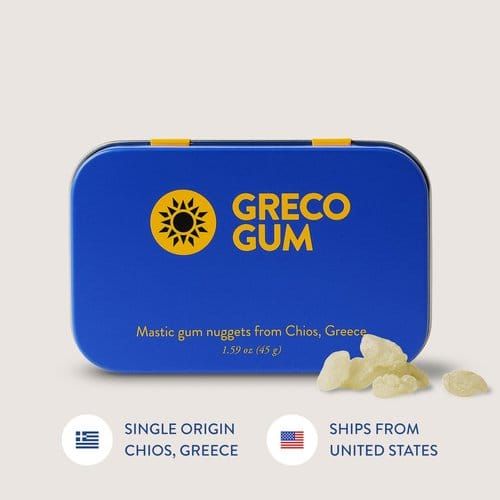 Raw Chios mastic gum resin nuggets in an open tin