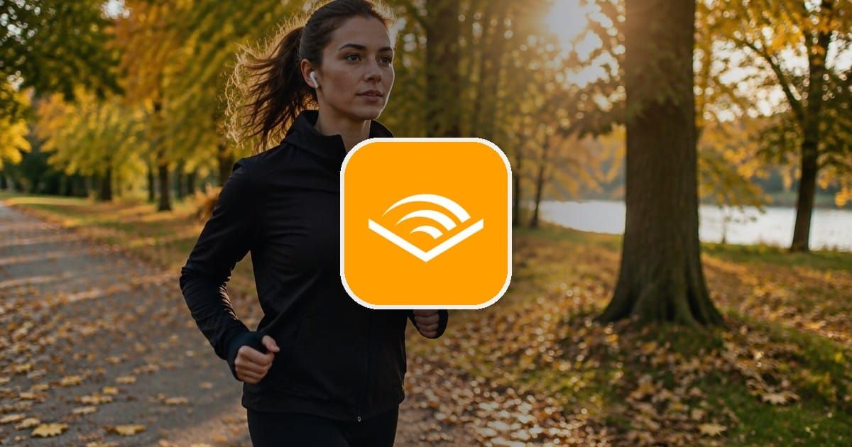 A runner wearing earbuds with the Audible logo