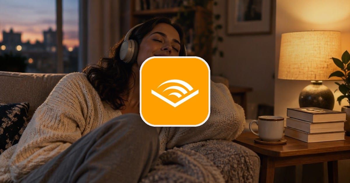 A person in headphones on a sofa with the Audible logo