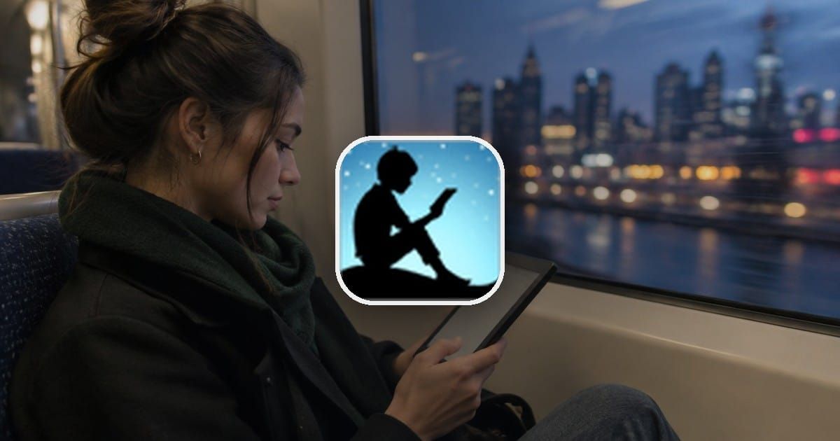 A commuter reading on an e-reader with the Kindle logo