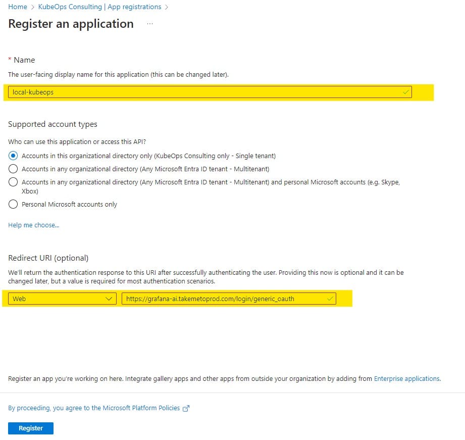 Azure AD application overview page with client ID and tenant ID