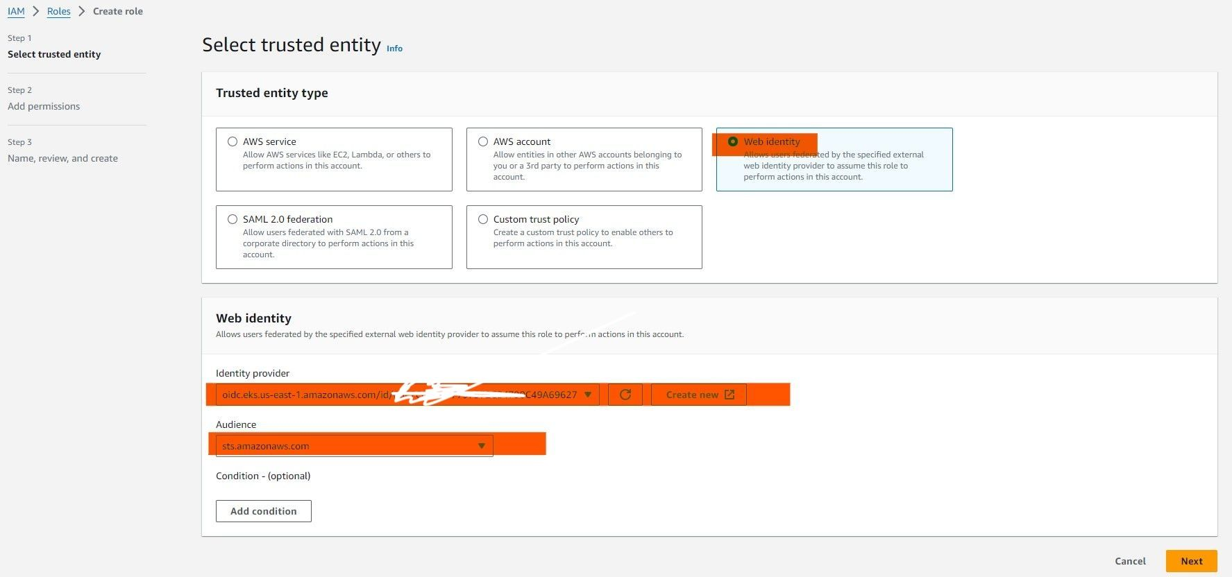 IAM role creation with Web Identity trusted entity type for EKS service account