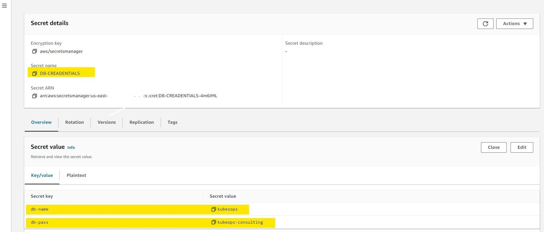 SecretStore YAML configuration referencing AWS Secrets Manager region and service account