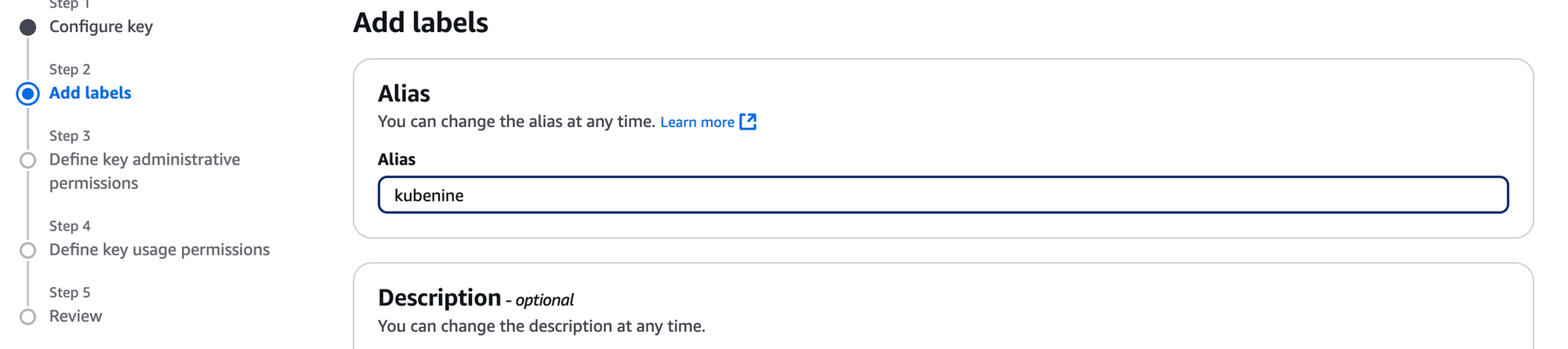 AWS KMS Console step one creating a symmetric customer managed key with key configuration options
