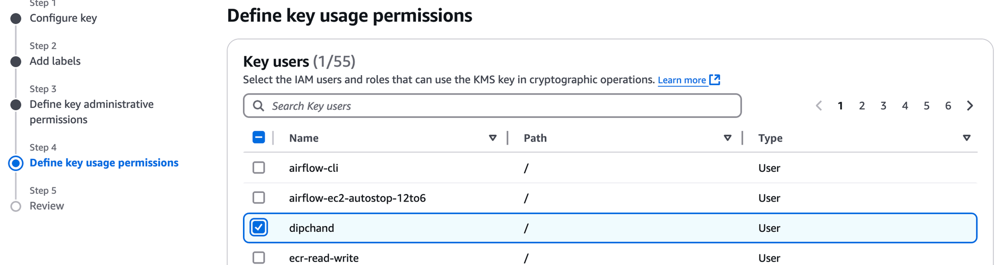 AWS KMS Console step three setting key administrative permissions and key usage permissions