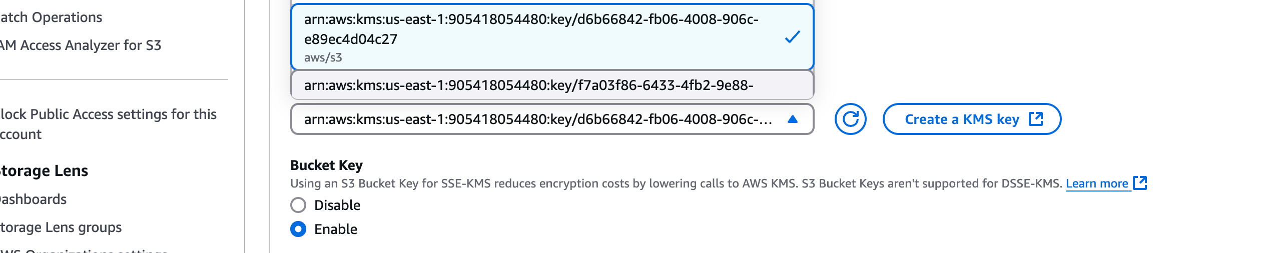 AWS S3 bucket encryption settings configured with AWS managed key aws/s3 SSE-KMS